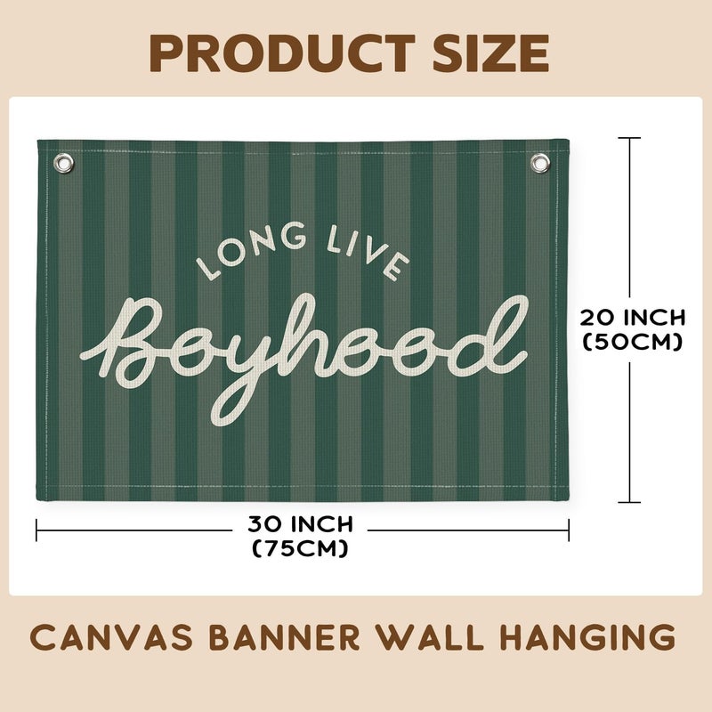PLKMN Long Live Boyhood Banner, Boy Nursery Decor, Canvas Banner Wall Hanging Flag Decor for Nursery Playroom Toddler Room, Boys Kids Room - Deep Green - Image 2